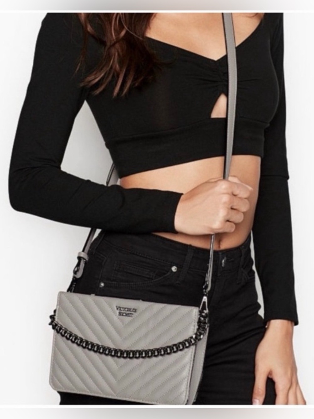 Victoria's Secret Quilted Chevron Chain Crossbody in Gray